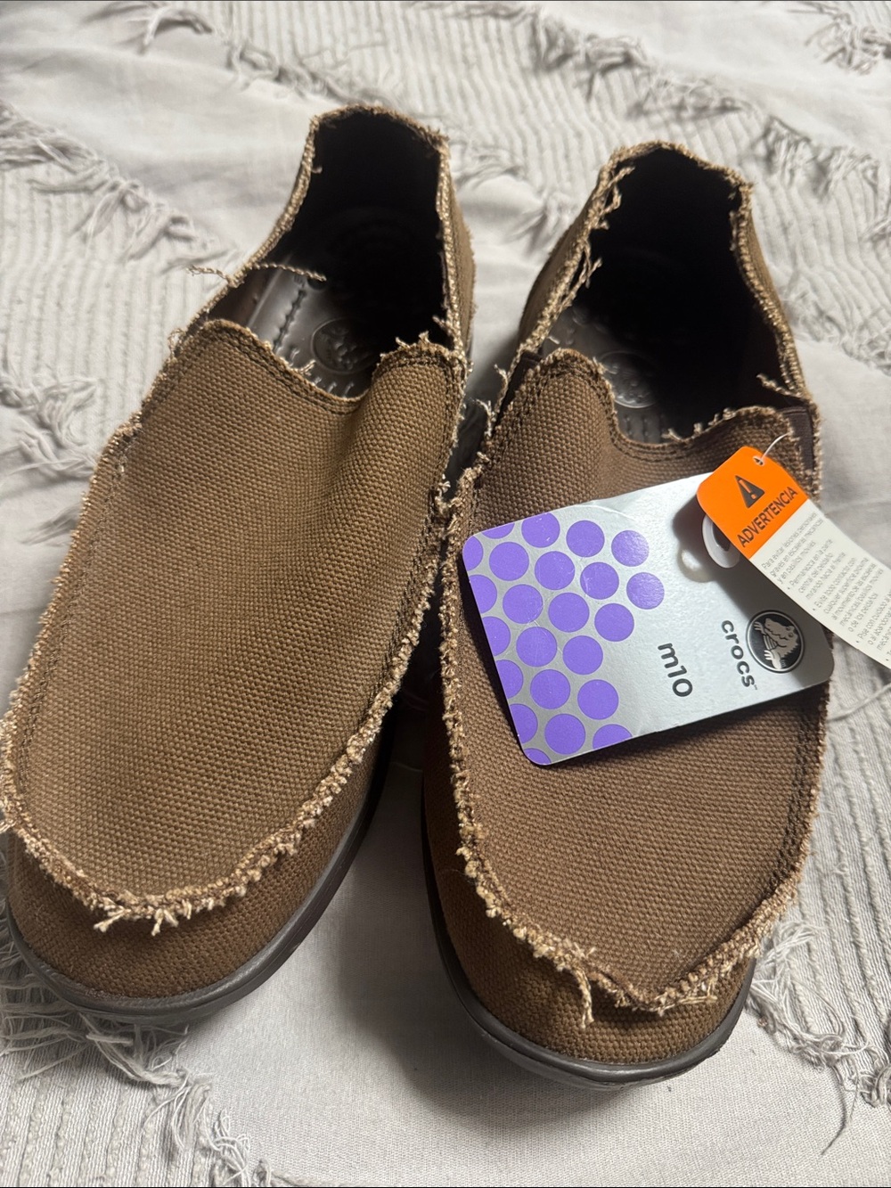 CROCS Men's Brown Canvas Slip-On Loafers with Frayed Trim